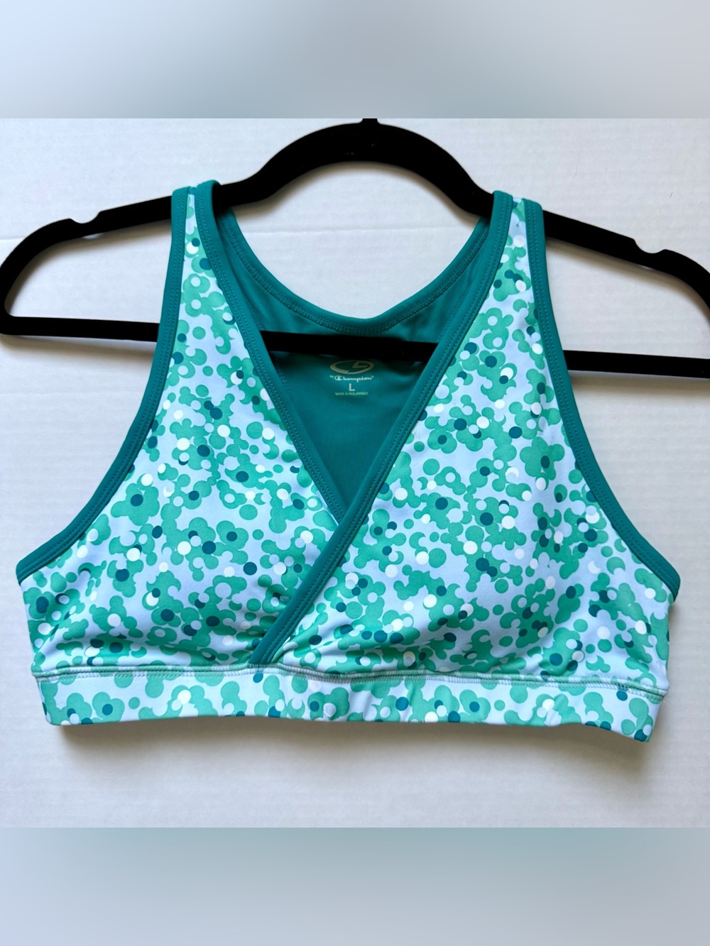 CHAMPION SPORTS BRA CROSSOVER FRONT FORMED CUPS MINT TEAL FLORAL RACERBACK SZ LG